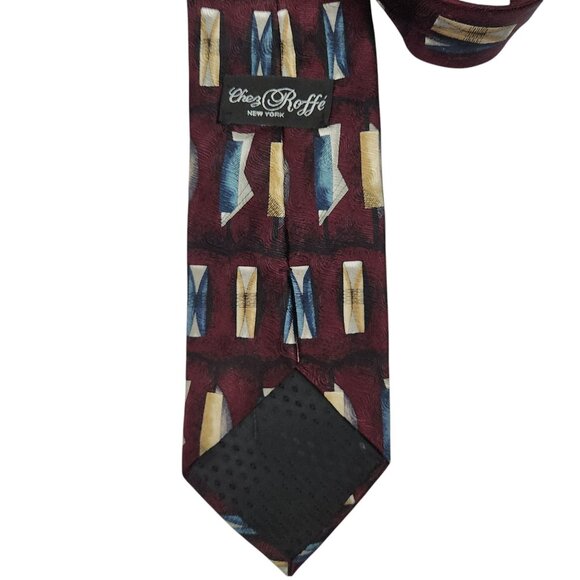 Chez Roffe New York Burgundy Geometric Pattern Silk Tie - Picture 2 of 7